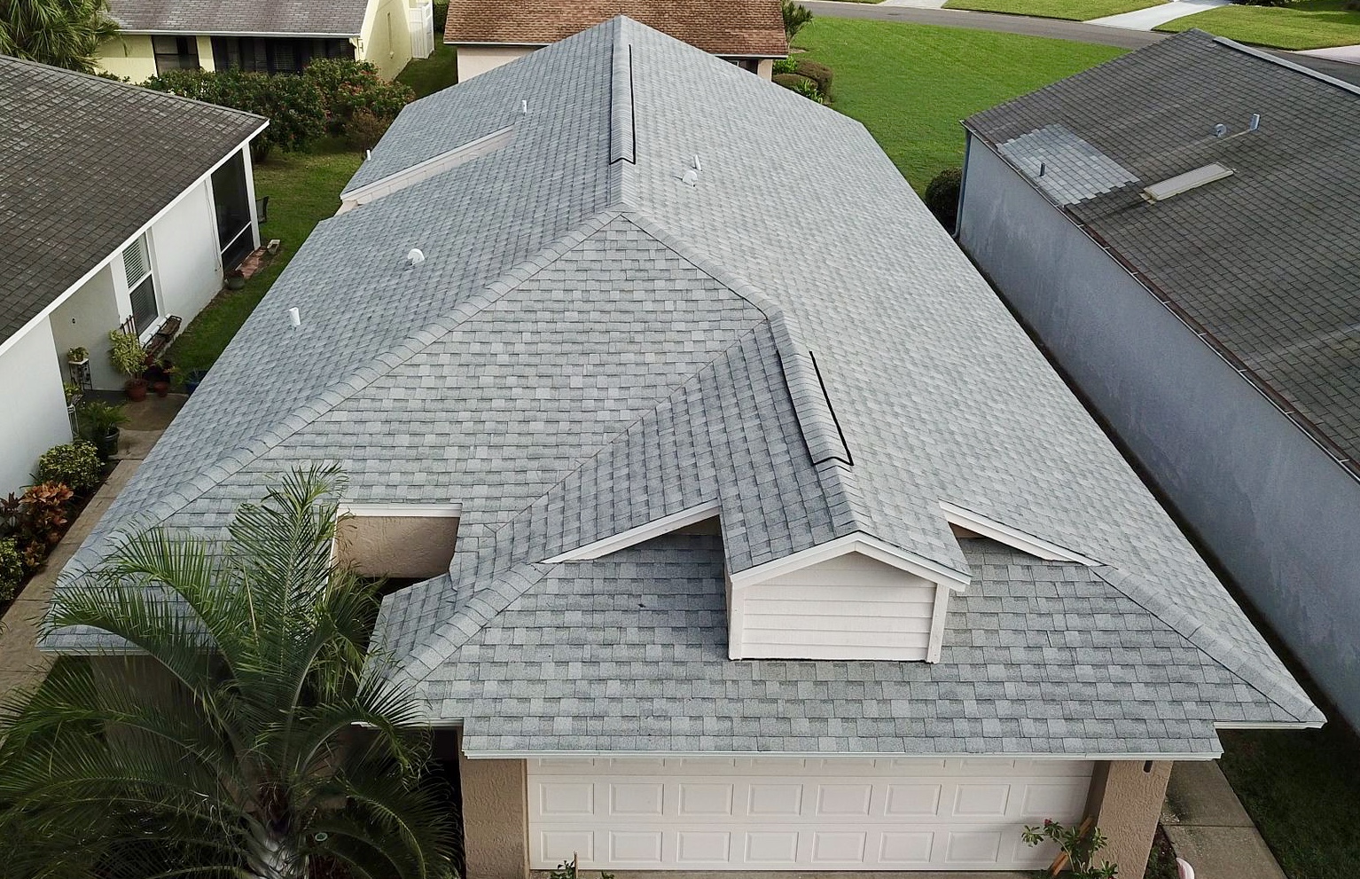 An aerial view of a client's brand new roof 