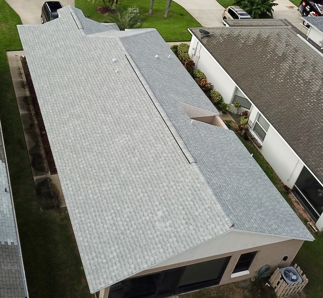 An aerial view of a client's brand new roof 